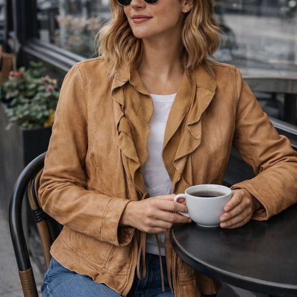 Women's Tan Ruffle Leather Jacket - Picture 2 of 14